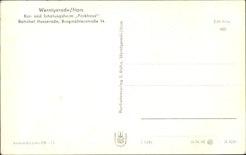 Ak Wernigerode am Harz, Kur- und Erholungsheim Parkhaus, Burgmühlenstraße 14