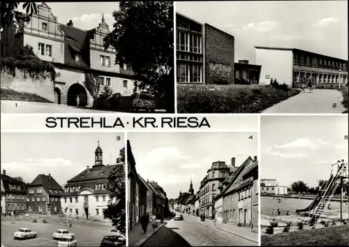 Ak Strehla an der Elbe Sachsen, Torhaus des Schlosses, Erich Weinert Oberschule, Rathaus, Schwimmbad