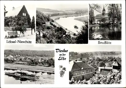 Ak Diesbar Seußlitz Nünchritz an der Elbe, Löbsal Nieschütz, Panorama, Partie an der Kirche