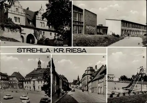 Ak Strehla an der Elbe Sachsen, Torhaus des Schlosses, Erich Weinert Oberschule, Rathaus, Schwimmbad