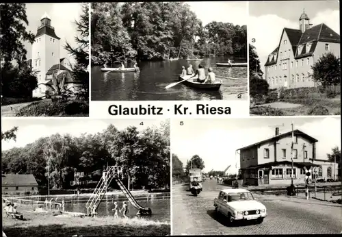 Ak Glaubitz an der Elbe, Feierabendheim, Gondelteich, Waldbad, Schule, Bahnhof