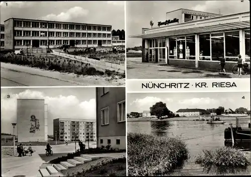 Ak Nünchritz in Sachsen, Polytechnische Oberschule, Konsum Kaufhalle, Glaubitzer Straße, Elbfähre