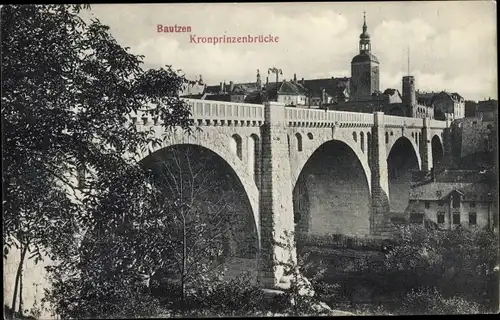 Ak Bautzen in der Oberlausitz, Kronprinzenbrücke, Kirchturm