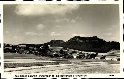 Ak Papstdorf Gohrisch in Sachsen, Panorama mit Gohrischstein und Papststein