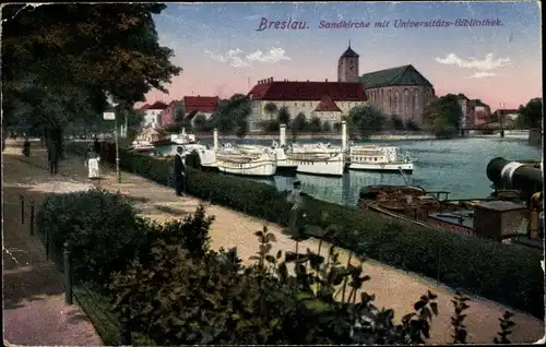 Ak Wrocław Breslau Schlesien, Sandkirche mit Universitäts Bibliothek, Dampfer