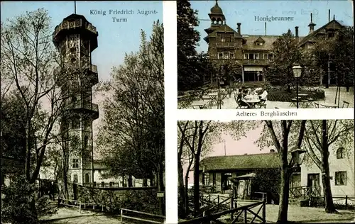 Ak Löbau in Sachsen, Löbauer Berg, König Friedrich August-Turm, Honigbrunnen, Älteres Berghäuschen