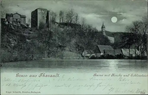 Mondschein Ak Tharandt Sachsen, Ruine mit Kirche und Schlossteich