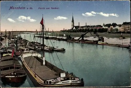 Ak Mannheim in Baden, am Neckar, Kirchturm, Lastboote