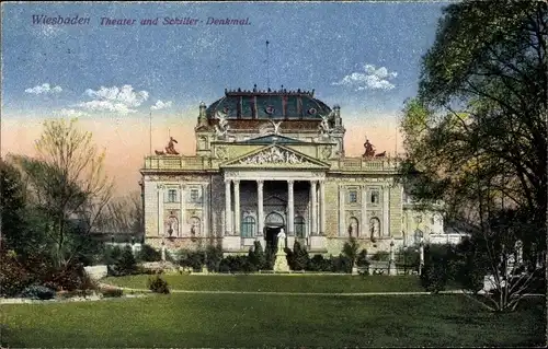 Ak Wiesbaden in Hessen, Theater und Schiller-Denkmal