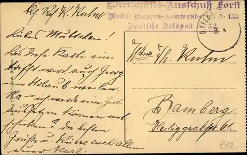 Ak Stempel Deutsche Feldpost 1. WK, Wirtschafts Ausschuss Forst, Mobile Etappen Kommand 133