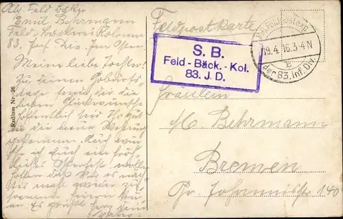 Ak Stempel Deutsche Feldpost 1. WK, 83. Inf. Div., Feld Bäck. Kol.