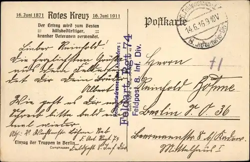 Ak Stempel Deutsche Feldpost 1. WK, 8. Inf. Div., Feldart. Regt. 74