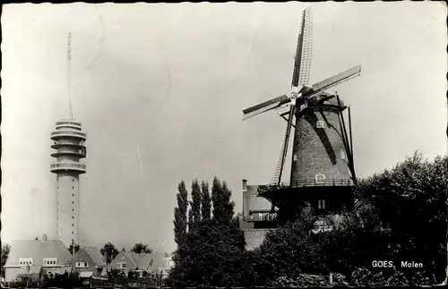 Ak Goes Zeeland Niederlande, Molen, Windmühle, Funkturm