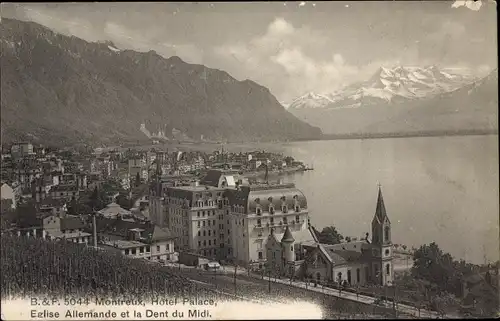 Ak Montreux Kanton Waadt Schweiz, Hotel Palace, Eglise Allemande et la Dents du Midi