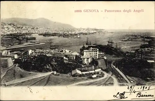 Ak Genova Genua Ligurien, Panorama dagli Angeli, Panoramablick über Stadt und Hafen