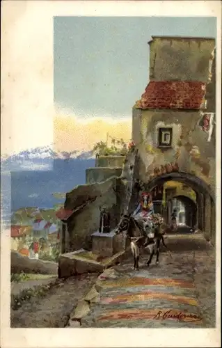 Künstler Litho Guiddorizzi, R., Partie an einem Ort in Italien, Tor, Mann zu Pferde