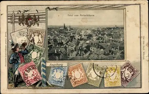 Präge Briefmarken Ak Augsburg in Schwaben, Totalansicht vom Perlachturm