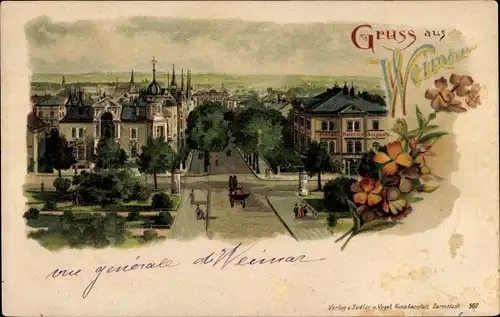 Litho Weimar in Thüringen, Stadtansicht, Blumen, Passanten