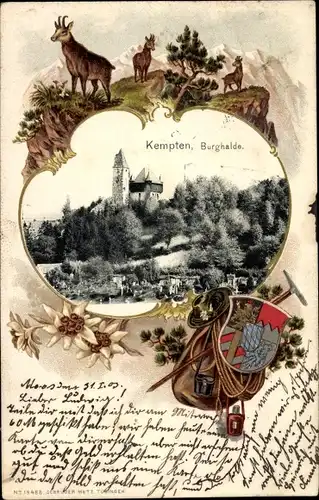 Wappen Ak Kempten im Allgäu Schwaben, Burghalde, Rucksack, Wanderrucksack