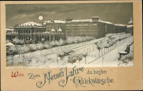 Mondschein Litho Wien 1 Innere Stadt, Stadtpark Kursalon, Wintermotiv, Neujahrsglückwünsche