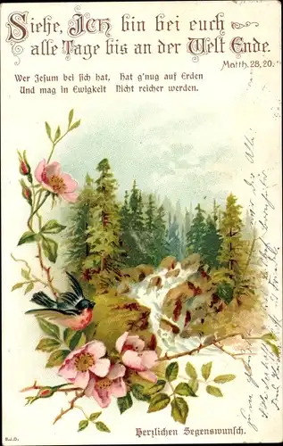 Ak Siehe, Ich bin bei euch, Matth. 28 20, Landschaft, Vogel