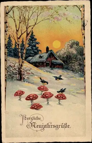 Ak Glückwunsch Neujahr, Winterlandschaft, Fliegenpilze, Vögel