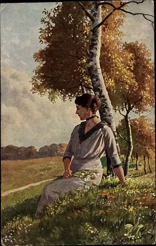 Künstler Ak Barascudts, M., Zum Stelldichein, Frau sitzt auf einer Wiese
