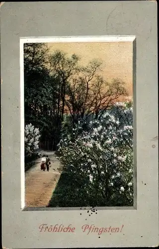 Ak Glückwunsch Pfingsten, Fliederbuch, Sträucher, Landschaft