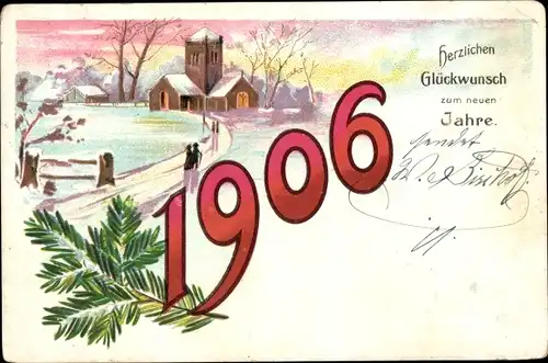 Ak Glückwunsch Neujahr, Jahreszahl 1906, Winterlandschaft, Kirche