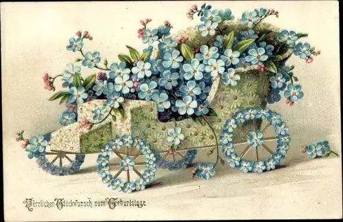Ak Glückwunsch Geburtstag, Automobil aus Blumen, Vergissmeinnicht