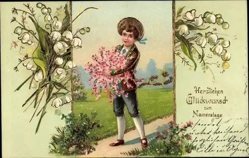 Präge Litho Glückwunsch Namenstag, Junge mit Blumen