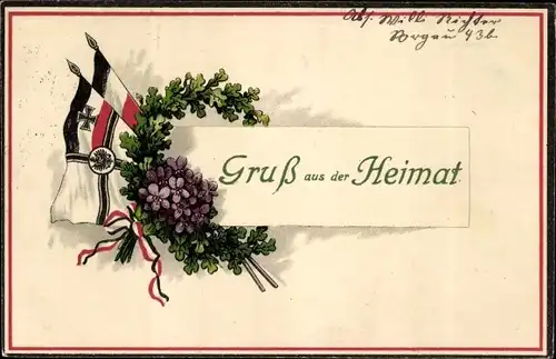 Ak Gruß aus der Heimat, Eichenkranz, Fahnen, Veilchen, I. WK