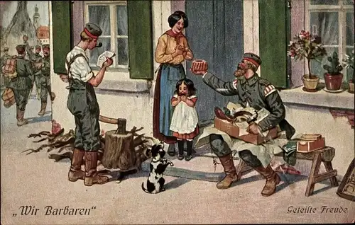 Künstler Ak Thiele, Arthur, Wir Barbaren, Geteilte Freude, deutscher Soldat mit Kuchen