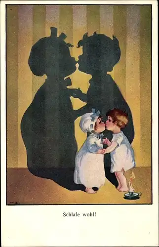 Künstler Ak Zahl, Hans, Schlafe wohl, Kinder in Nachthemden, Schatten