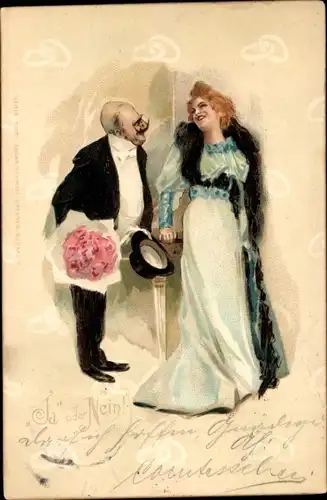 Ak Ja oder Nein, älterer Mann mit Blumenstrauß, Frau, Liebespaar