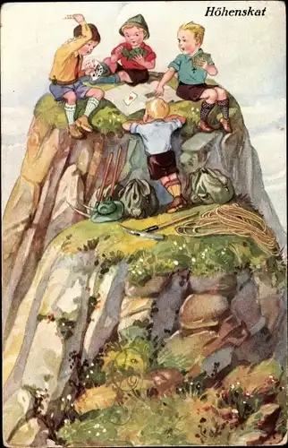Künstler Ak Höhenskat, Bergsteiger spielen Karten auf dem Berggipfel