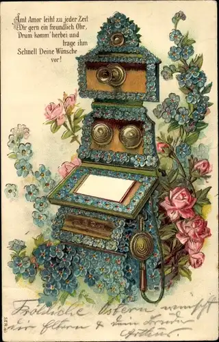 Präge Litho Telefon aus Vergissmeinnicht, Rosen