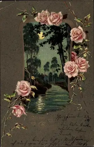 Präge Litho Landschaft im Mondschein, Fluss, Rosen