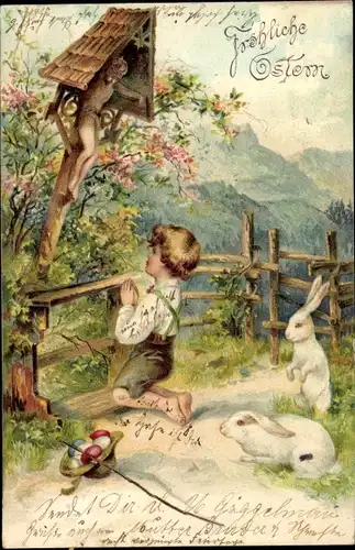 Präge Litho Glückwunsch Ostern, Betender Junge, Hasen, Ostereier