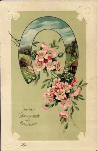 Präge Passepartout Ak Glückwunsch Geburtstag, Blüten, Hufeisen, Landschaft