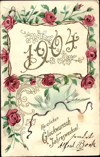 Präge Litho Glückwunsch Neujahr, Jahreszahl 1904, Rosenblüten