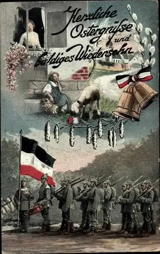 Ak Glückwunsch Ostern, Deutsche Soldaten in Uniformen, Glocken, Lamm, Patriotik