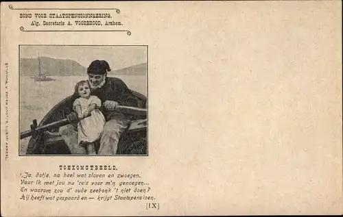 Ak Niederlande, Bond voor Staatspensionnering, Toekomstbeeld, Mann und Kind im Ruderboot