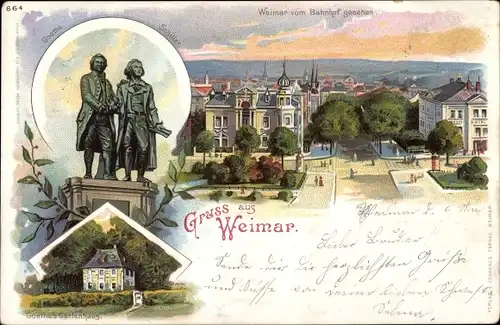 Litho Weimar in Thüringen, Goethe und Schiller Denkmal, Blick vom Bahnhof auf die Stadt