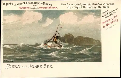 Künstler Litho Dampfer Cobra auf hoher See, HAPAG Seebäderdienst