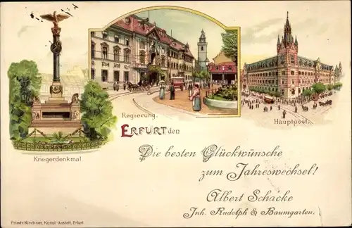 Litho Erfurt in Thüringen, Glückwunsch Neujahr, Kriegerdenkmal, Regierung, Hauptpost