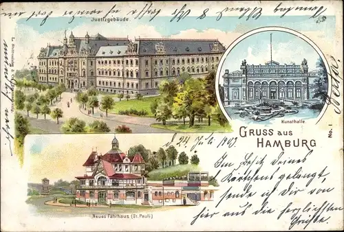 Litho Hamburg Mitte St. Pauli, Neues Fährhaus, Justizgebäude, Kunsthalle