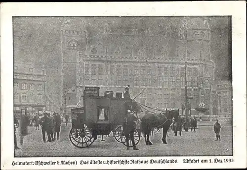Ak Eschweiler Nordrhein Westfalen, Historische Postreise von 2 Rheinländern, Abfahrt vor dem Rathaus