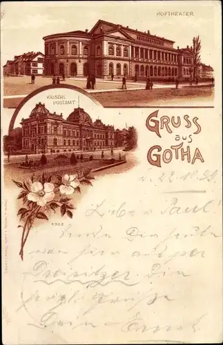 Litho Gotha im Thüringer Becken, Hoftheater, Kaiserliches Postamt