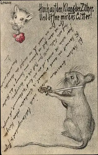 Künstler Ak Polein, G., Horch auf den Klang der Zither, vermenschlichte Mäuse